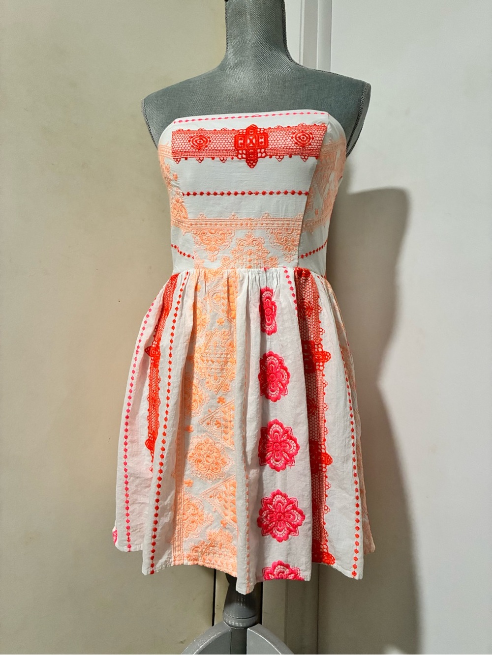 Alya Strapless White Dress with Coral & Peach Embroidery